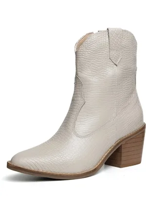 KUENTO SHOES Bota Texana Western Bico Fino Cano Curto Country Couro Croco Off White