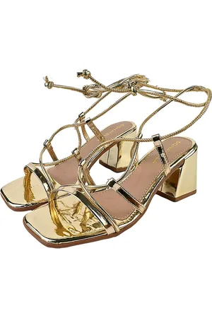 monté Sandália Feminina CM Calçados Bico Quadrado Salto Alto Casual Metalizado Ouro Light Amarrar Tira Nó