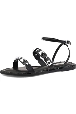 Santa Rosa Sandália Feminina Rasteira Preta Akazzo Tachas Spikes