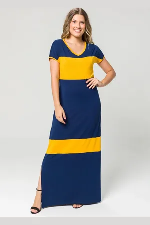 Pau a Pique Vestido Longo Listrado Azul Marinho e Amarelo Ouro AMARELO OURO - G