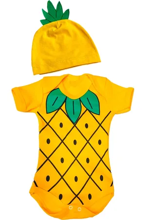 PiftPaft Infantil - Body Manga Curta Estampas Divertidas Frutas Abacaxi + Touca