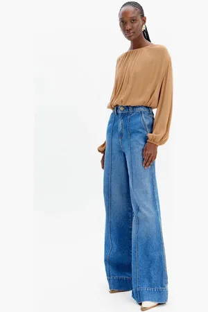 LANCA PERFUME Calça Jeans Pantalona Cintura Alta Com Frisos