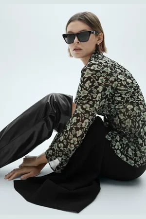 MANGO Camisa Reta Chiffon Floral Preta