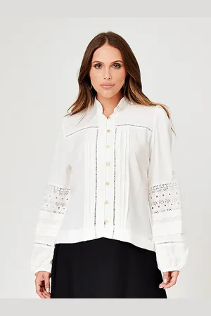 Mamorena Camisa Manga Longa de Viscolinho com Rendas Entremeio e Ponto Palito