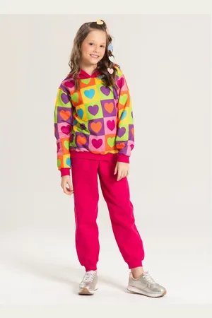 Molekada Infantil - Conjunto Inverno Menina Pink Blusão Com Capuz e Calça em Moletom Corações Coloridos