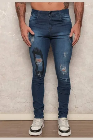 Avec Calça Jeans Masculina Jogador Skinny com Elastano Confortável Justa ao Corpo Azul Escuro