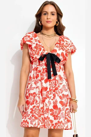 QUINTESS Vestido Em Malha Fria Floral Bicolor