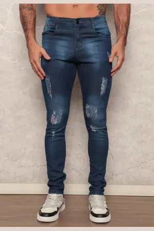 Avec Calça Jeans Masculina Jogador Super Skinny Premium com Elastano Confortável Justa ao Corpo Azul Escuro