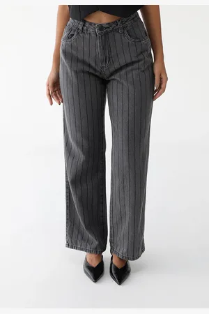 SAWARY Calça Jeans Wide Leg Listrada Preta