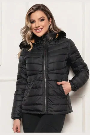 Avec Jaqueta Puffer Feminina Bobojaco com Touca Confortável e Estilosa Preta