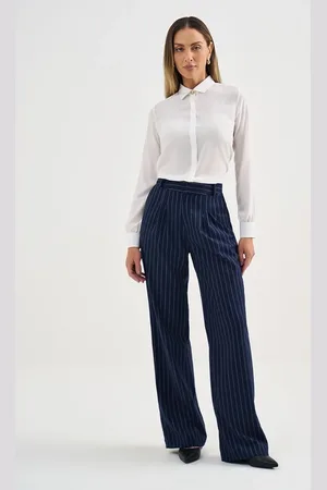 Principessa Calça Wide Leg em Alfaiataria Risca de Giz Marinho/ Off White Alice