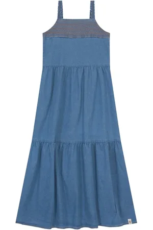 Brandili Infantil - Vestido longo jeans menina com recortes