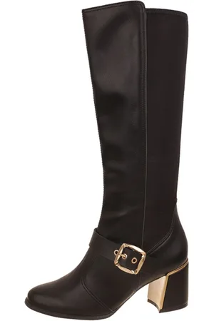 Santa Rosa Bota Feminina Cano Longo Stretch Preta Fivela Salto Bloco Grosso