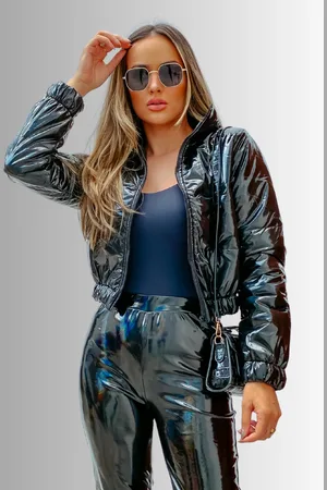 Charme de Moça Jaqueta Puffer Bobojaco Curta Em Vinil Furta Cor Impermeável