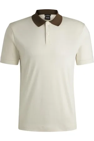 HUGO BOSS Polo Slim De Algodão Mercerizado Com Riscas Off-White - EP-XS