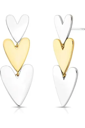 Ania Store Infantil - Brinco Pendente Coração Triplo Semijoia Dois Banhos Ouro 18k e Ródio