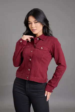 LEMIER Jaqueta Jeans Feminina Tradicional de Sarja Color Collection Vinho