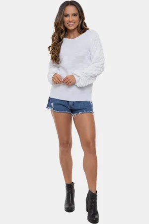 Pink Tricot Tricô Blusa Fang e Mangas Bufantes com Bolinhas Feminina