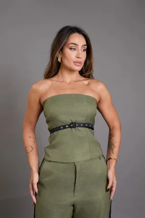 LEMIER Blusa sem Alça Feminina Poliéster e Zíper Collection Verde
