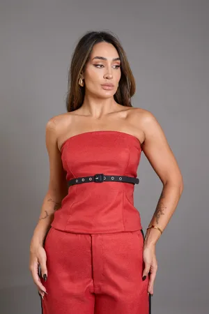 LEMIER Blusa sem Alça Feminina Poliéster e Zíper Collection Vermelho