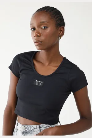 Aeropostale Camiseta Cropped Ajustada Canelada Preta