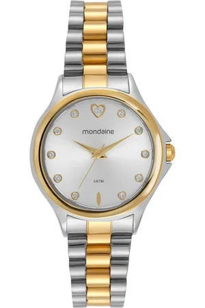 Mondaine Relógio Feminino Cristais e Coração Bicolor Com Porta-Joia Com Espelho