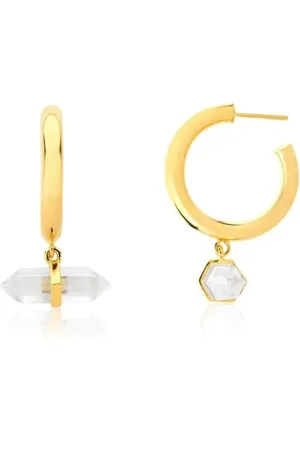 Ania Store Infantil - Brinco Argola com Pedra Natural Cristal Semijoia Banhado a Ouro 18K