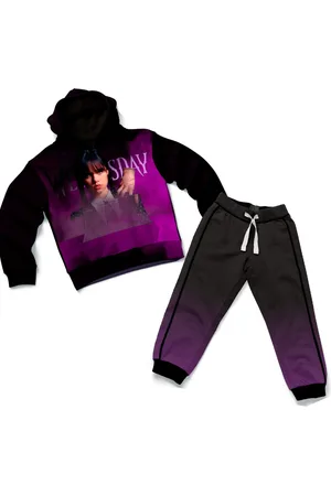 Bueno Infantil - Conjunto Moletom Kit Blusa de Frio e Calça Estampa Séries Personagens Wandinha e Roxo