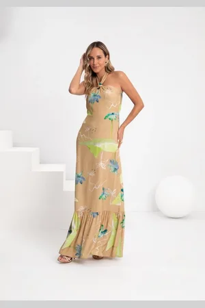 Lunender Vestido Longo Frente Única Com Babado Na Barra Em Viscose