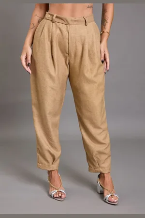 LEMIER Calça Alfaiataria Feminina Mom em Poliéster Color Bege
