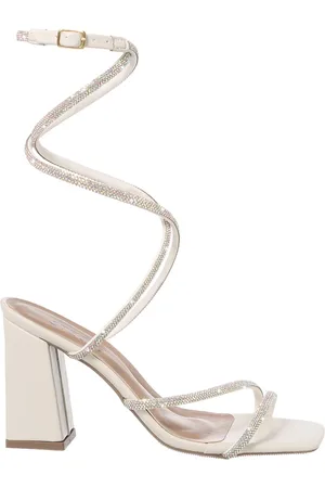 Stessy Shoes Sandália Feminina Salto Bloco Alto Amarração Brilho Strass Off White