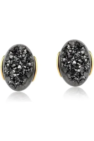 Ania Store Infantil - Brinco Oval com Pedra Natural Drusa Negra Semijoia Banhado a Ouro 18K
