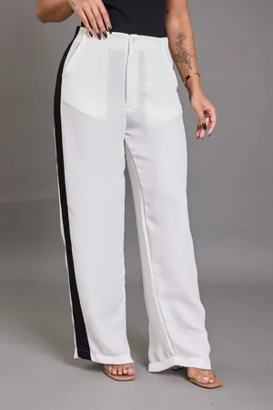 LEMIER Calça Pantalona com Faixa Lateral Cintura Alta Off-White