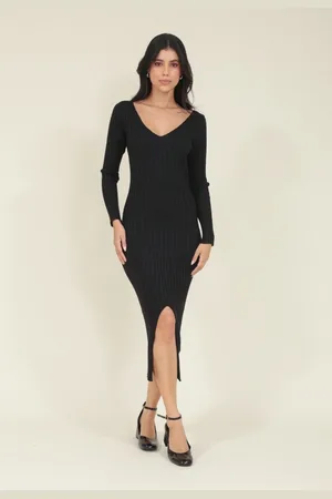 Pop Me Vestido Midi Tricô Manga Longa Decote V Fenda