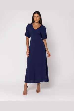 Salvatore Fashion Vestido Midi Feminino Viscolinho Cinturado Marinho