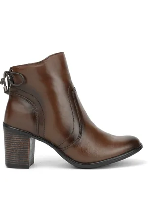 FRANCA Bota Couro Feminina Cano Curto Salto Médio 7cm Bloco Fachete Amarração Casual Pinhão
