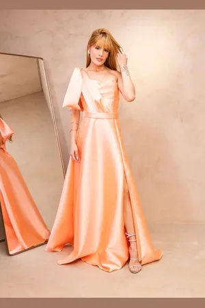 Cia do Vestido Vestido Longo de Festa Acetinado um Ombro com Fenda Coral Laranja