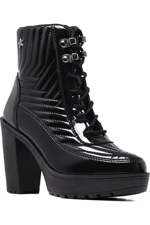 Wit Shoes Bota Coturno Feminino Verniz Salto Grosso Alto Tratorado Preto