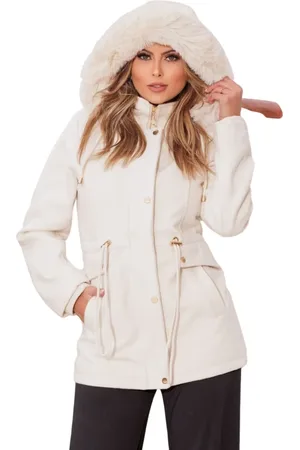 Cia do Vestido Jaqueta para Inverno Parka Lã Batida Forrada com Capuz Removível Casaco Sobretudo Off White