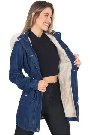 Cia do Vestido Jaqueta Parka Jeans Forrada Com Capuz Ajuste na Cintura Escuro