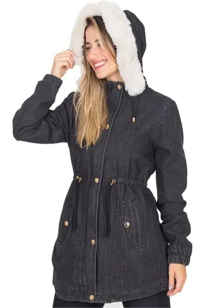 Cia do Vestido Jaqueta Parka Jeans Forrada Com Capuz Ajuste na Cintura