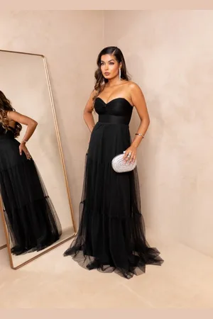 Cia do Vestido Vestido Longo de Festa Madrinhas Tomara que Caia Biná Preto
