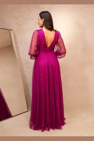 Cia do Vestido Vestido Longo de Festa Micro Tule com Brilho Mangas Longas com Transparência Vivy Fúcsia