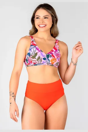 Summer Soul Biquíni Regata Sem Bojo Hot Pants Folhagem Rosa e Laranja