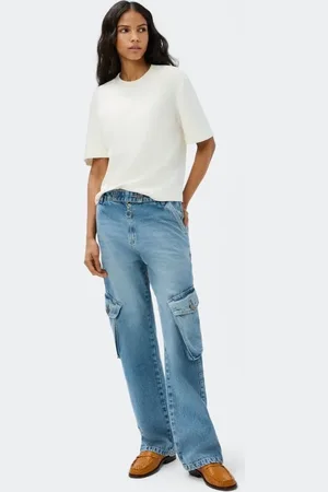Hering Calça Jeans Feminina Wide Leg Cargo Cintura Média