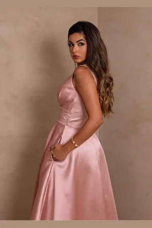 Cia do Vestido Vestido Midi de Festa Casamentos Decote em V Acetinado Sarynna Rosé