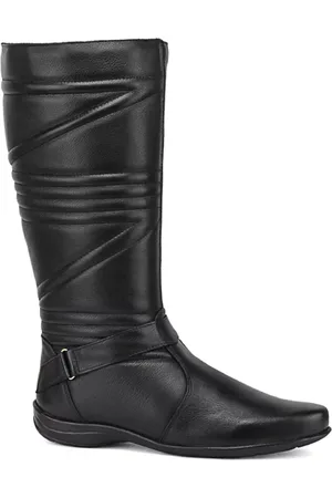 Wit Shoes Bota Feminina Cano Médio Rasteira Sem Salto Couro Legítimo Preto