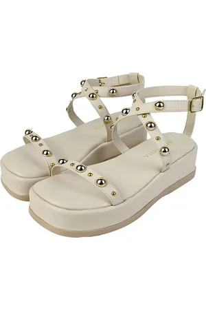 monté Sandália Feminina Donatella Shoes Casual Confortável Fivela Flatform Tamanco Plataforma Com Aplicação Dourada Off White