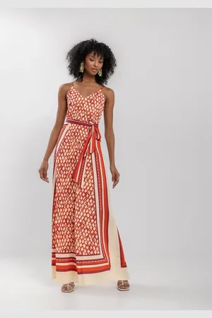 LEZ A LEZ Vestido Longo Fluido Estampado Com Alças Finas E Decote Em V