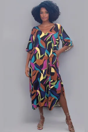 Amazonia Vital Vestido Midi Abapã Plano com Bolso Estampa Aurora Urbana